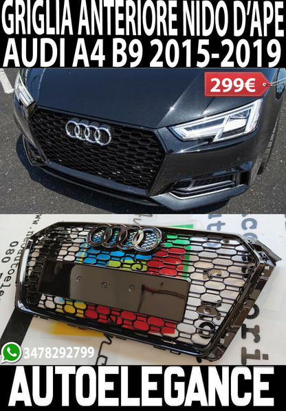 0216 CALANDRA RS4 NIDO D'APE AUDI A4 B9 2015-2019 GRIGLIA ANTERIORE BORDO NERO AUTOELEGANCERICAMBI