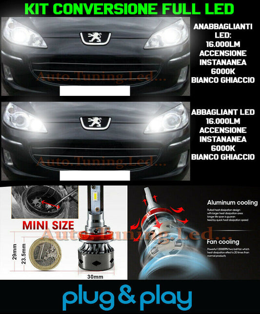 LAMPADE ANABBAGLIANTI + ABBAGLIANTI LED 16.000LM PER PEUGEOT 407