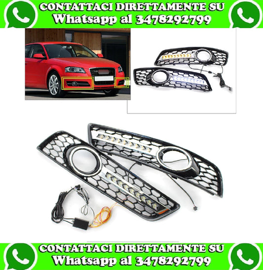 COPPIA GRIGLIE FENDINEBBIA A NIDO D'APE CROMATE + DRL DIURNE  PER AUDI A3 8P 2009-2013 AUTOELEGANCERICAMBI