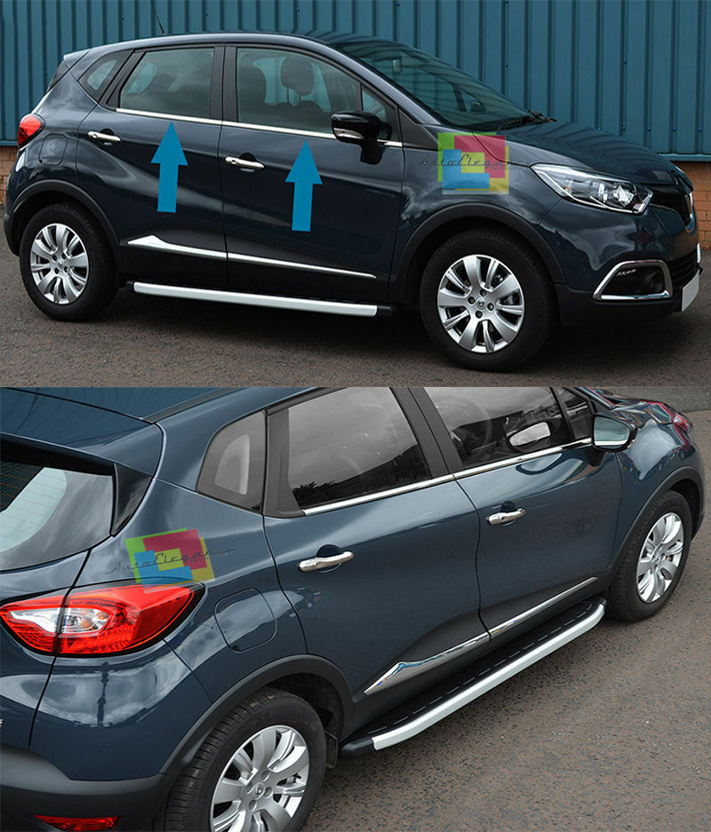 RENAULT CAPTUR 2013+ CORNICE FINESTRINI CROMATA MODANATURE ACCIAIO INOX ADESIVE.