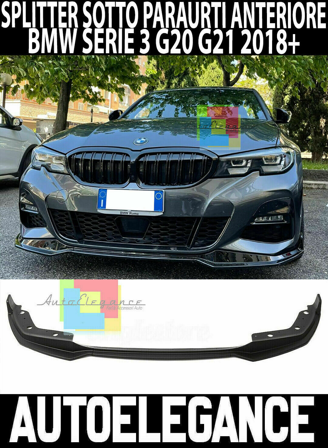 0068 BMW SERIE 3 G20 G21 M SPORT SPLITTER PARAURTI ANTERIORE SPOILER NERO LAMA AUTOELEGANCERICAMBI