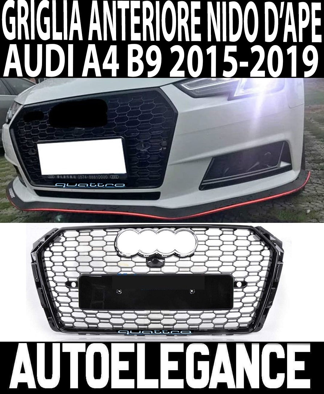 0216 CALANDRA RS4 NIDO D'APE AUDI A4 B9 2015-2019 GRIGLIA ANTERIORE BORDO NERO AUTOELEGANCERICAMBI