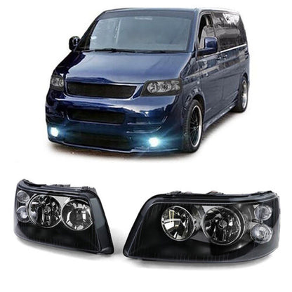 H7 H1 Headlights Black Clear Glass with LWR Motor Pair for VW Bus T5 03-09 