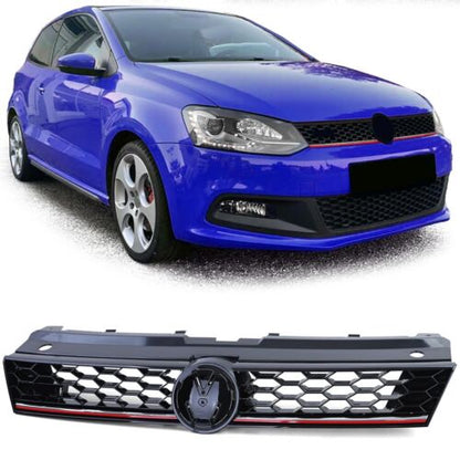 Gloss Black Sport Radiator Grille with Red for VW Polo 5 6R 6C 09-17 