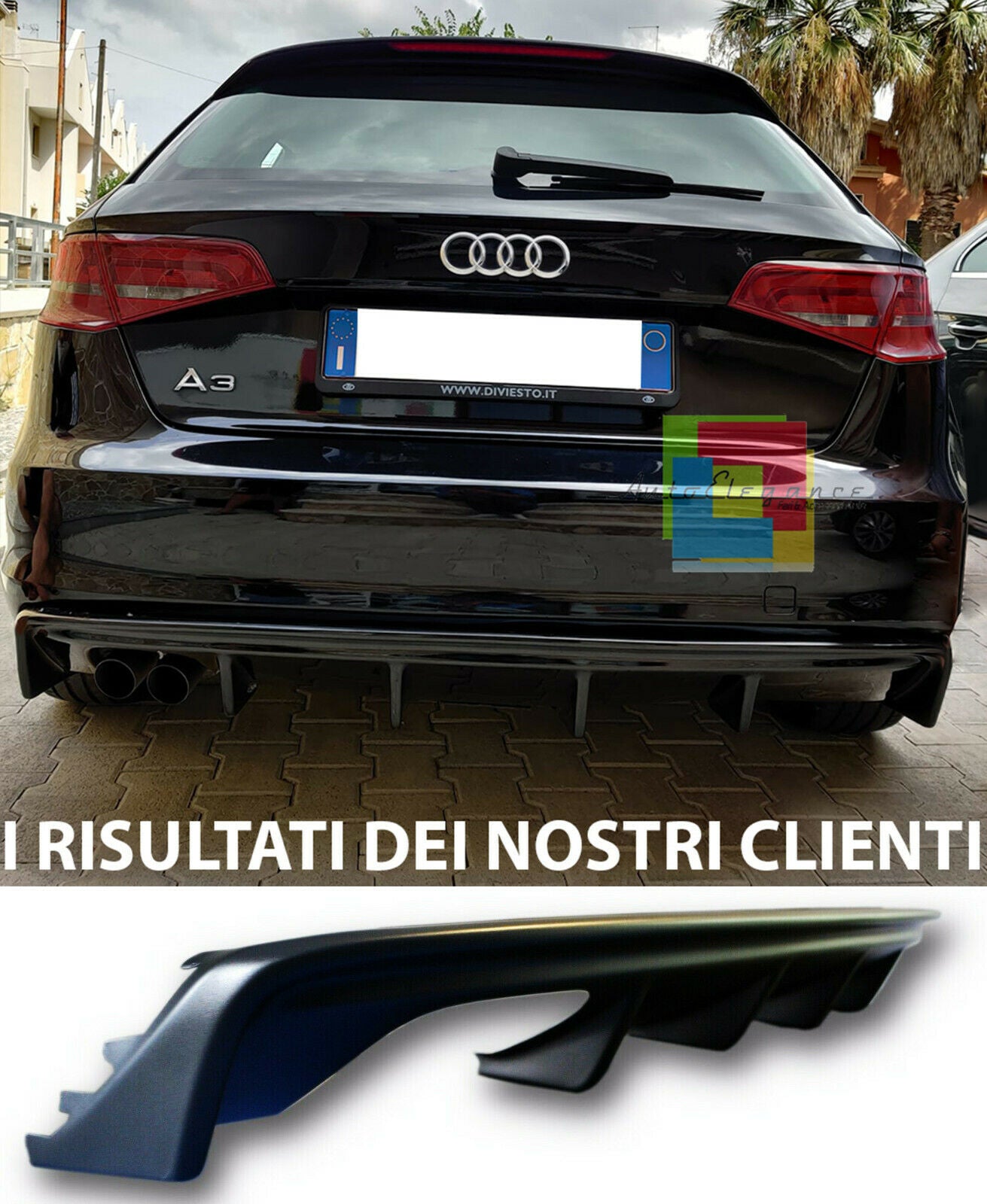 0177 SOTTO PARAURTI AUDI A3 8V SPORTBACK 2012-2015 DIFFUSORE RS3 ABS NERO LUCIDO AUTOELEGANCERICAMBI