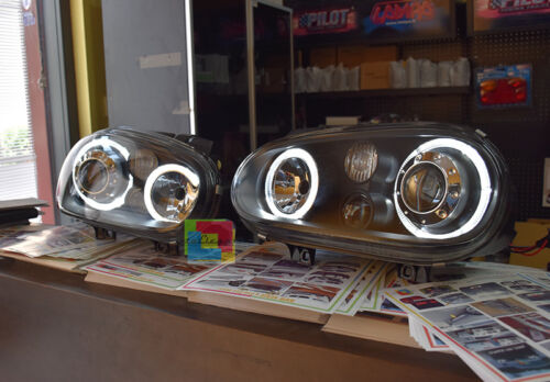 VW GOLF 4 IV DAL 1997 AL 2003 FARI ANTERIORI NERI CON ANGEL EYES BIANCHI A LED -