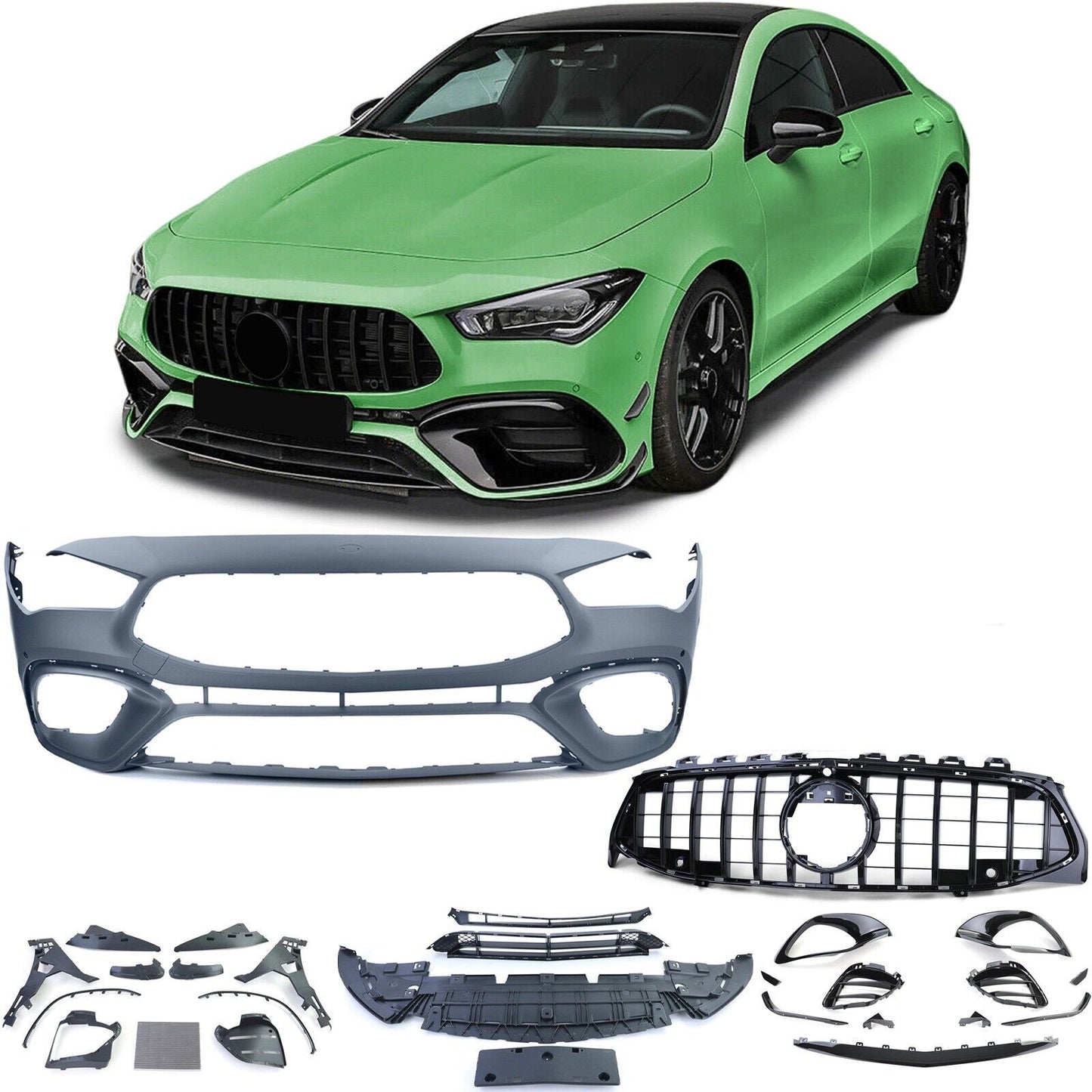 Sports bumper with radiator grille Gloss black for Mercedes CLA C118 from 19