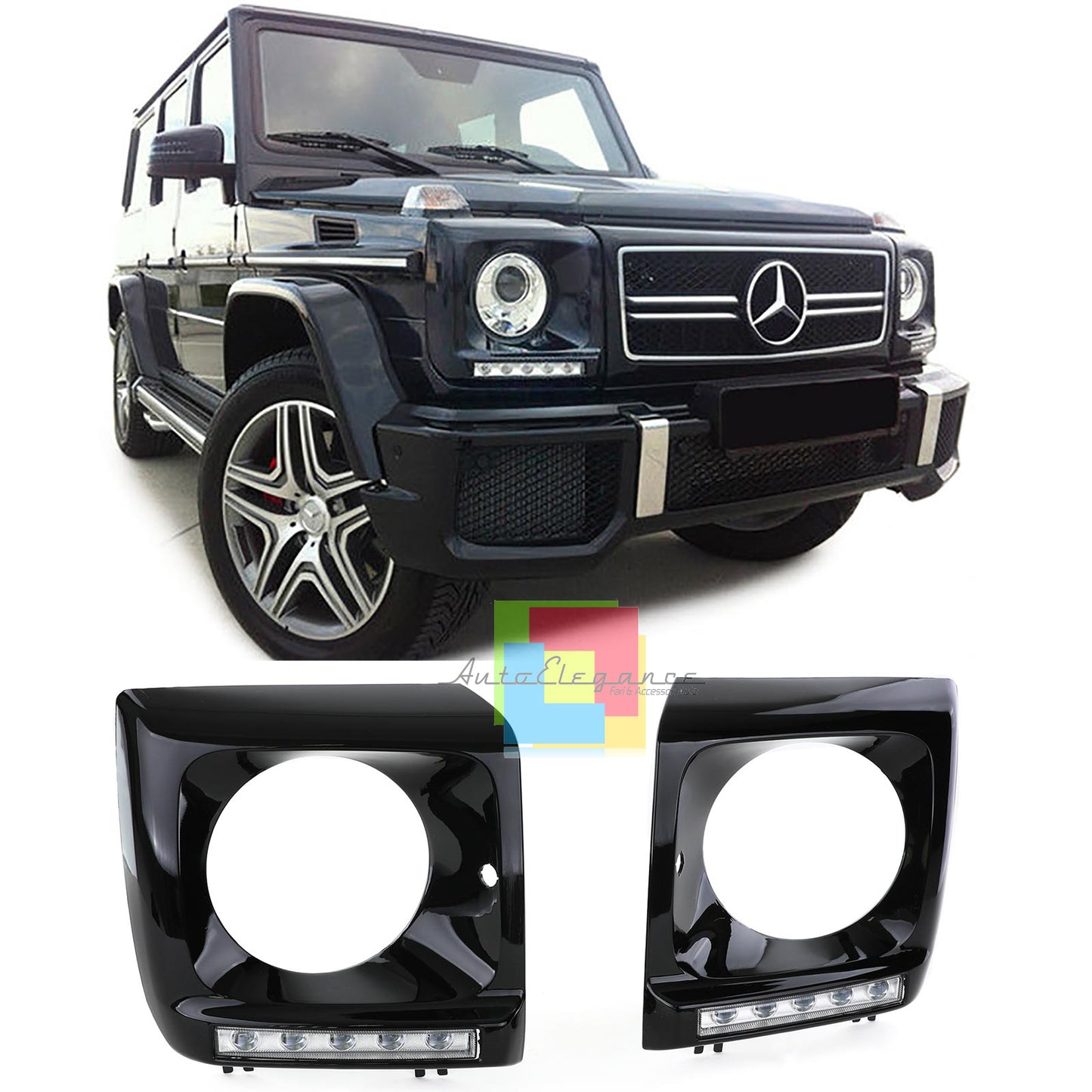 MERCEDES G W463 1989-2012 COPRI FARI NERO LUCIDO CON LUCI DIURNE LED DRL G65 AMG