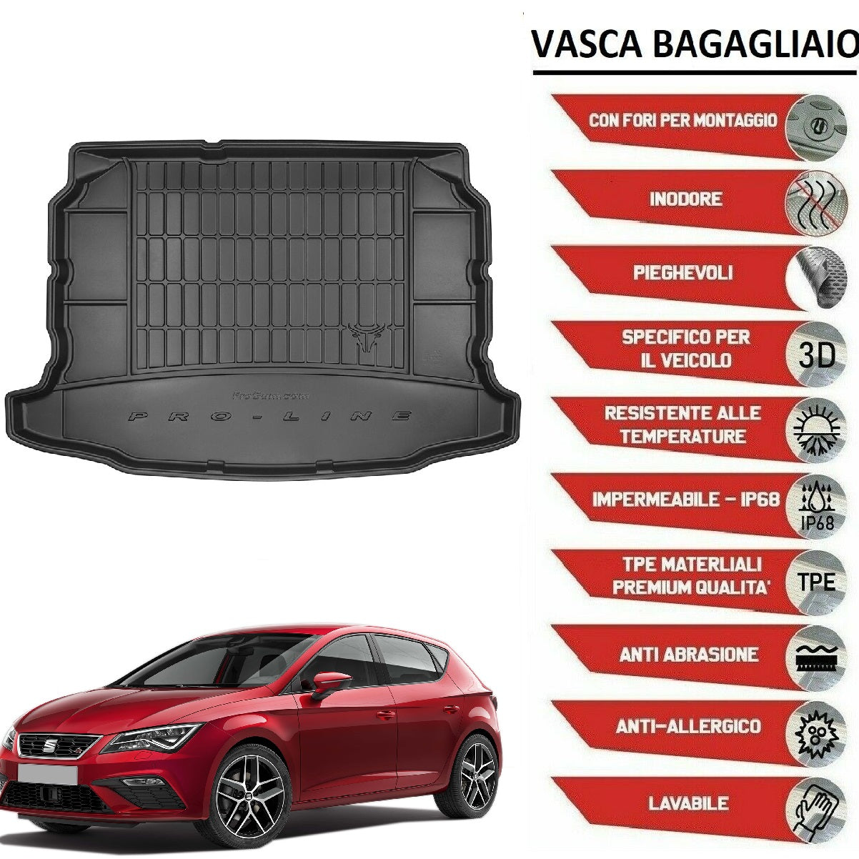 TAPPETO VASCA BAGAGLIAIO SEAT LEON III HB dal 2013+ in gomma con bordo