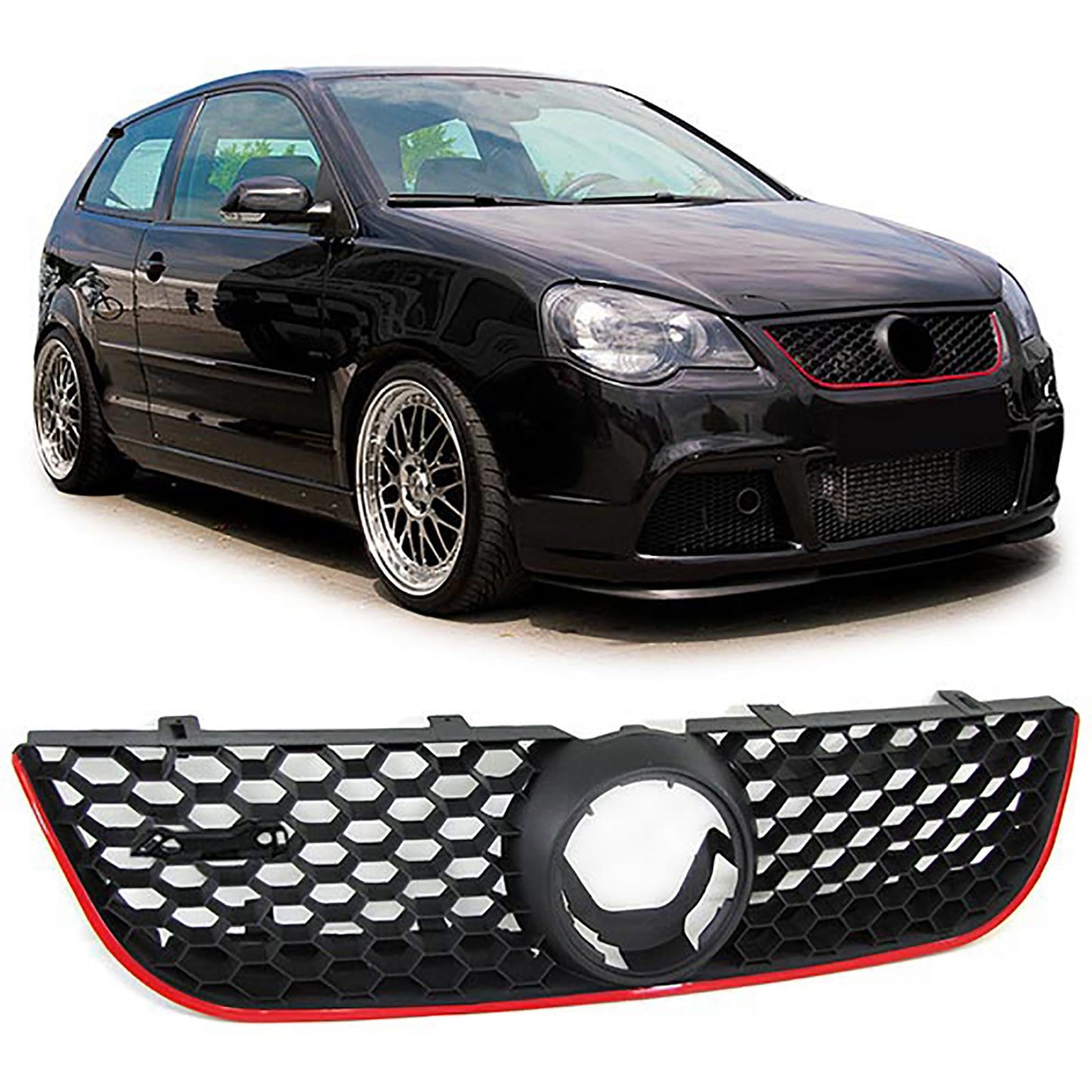 VW POLO 9N3 2005-2009 BLACK FRONT GRILLE RED PROFILE GTI LOOK
