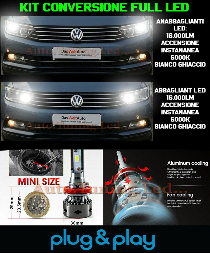 LAMPADE ANABBAGLIANTI + ABBAGLIANTI LED 16.000LM PER VW PASSAT 3G B8