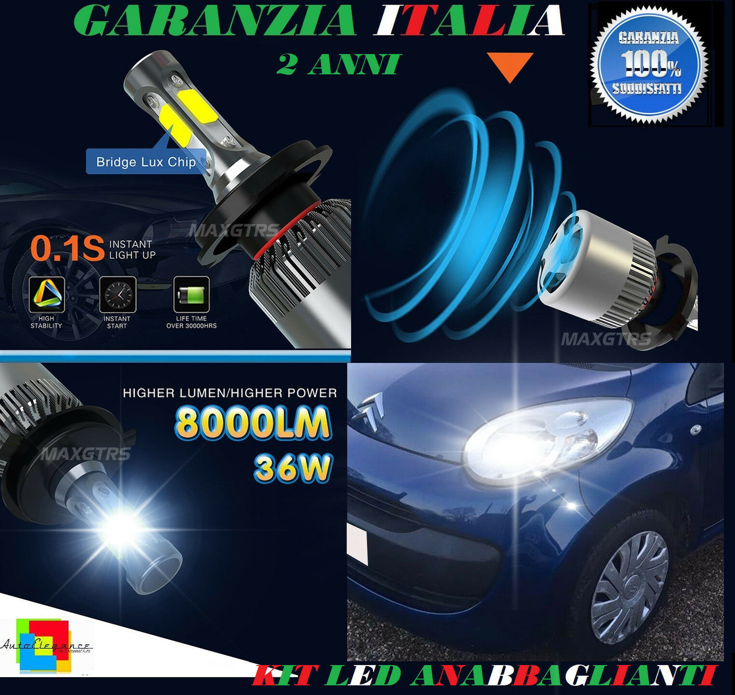 LAMPADE ANABBAGLIANTI ABBAGLIANTI 36W 8000LM LED CITROEN C1 2005-2013 6000K