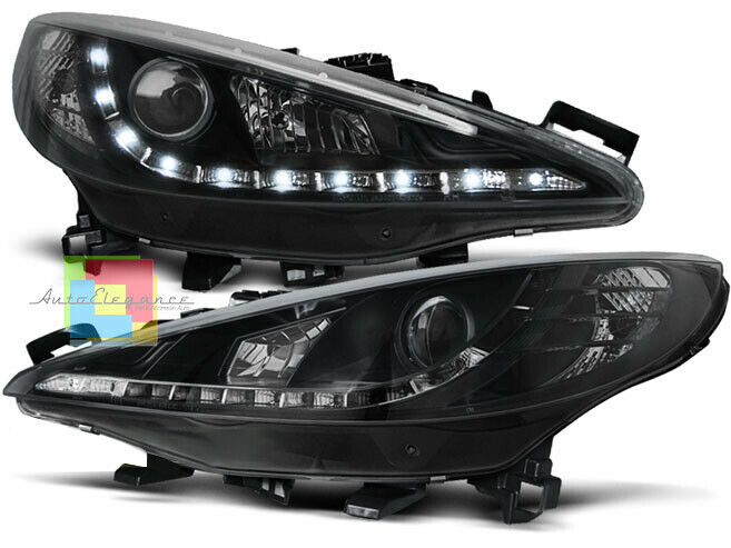 PEUGEOT 207 2006-2012 FARI ANTERIORI NERI LENTICOLARI POSIZIONI LED DRL