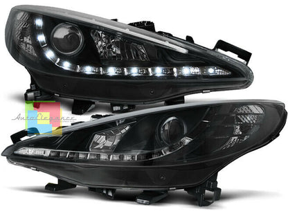 PEUGEOT 207 2006-2012 FARI ANTERIORI NERI LENTICOLARI POSIZIONI LED DRL