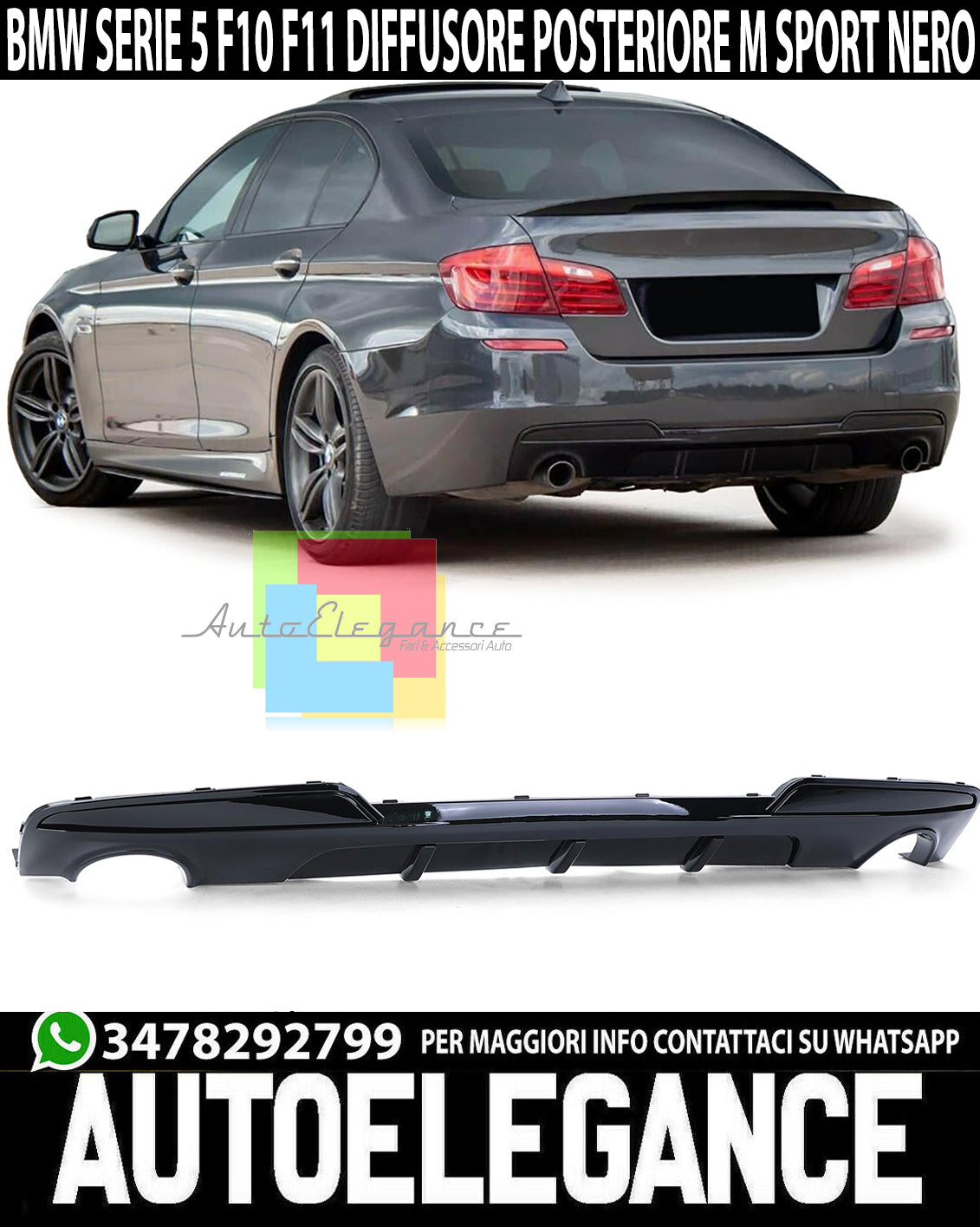 DIFFUSORE POSTERIORE BMW SERIE 5 F10 F11 2010+ DOPPIA USCITA IN ABS M SPORT 1+1