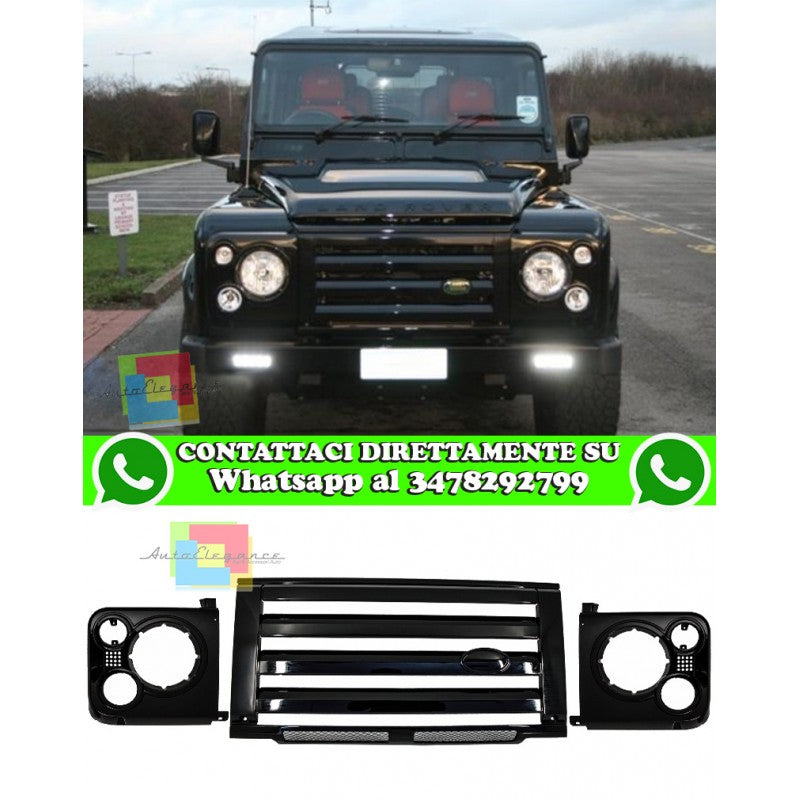 LAND ROVER DEFENDER 1990-2016 GRIGLIA ANTERIORE + COPRI FARI NERO LUCIDO