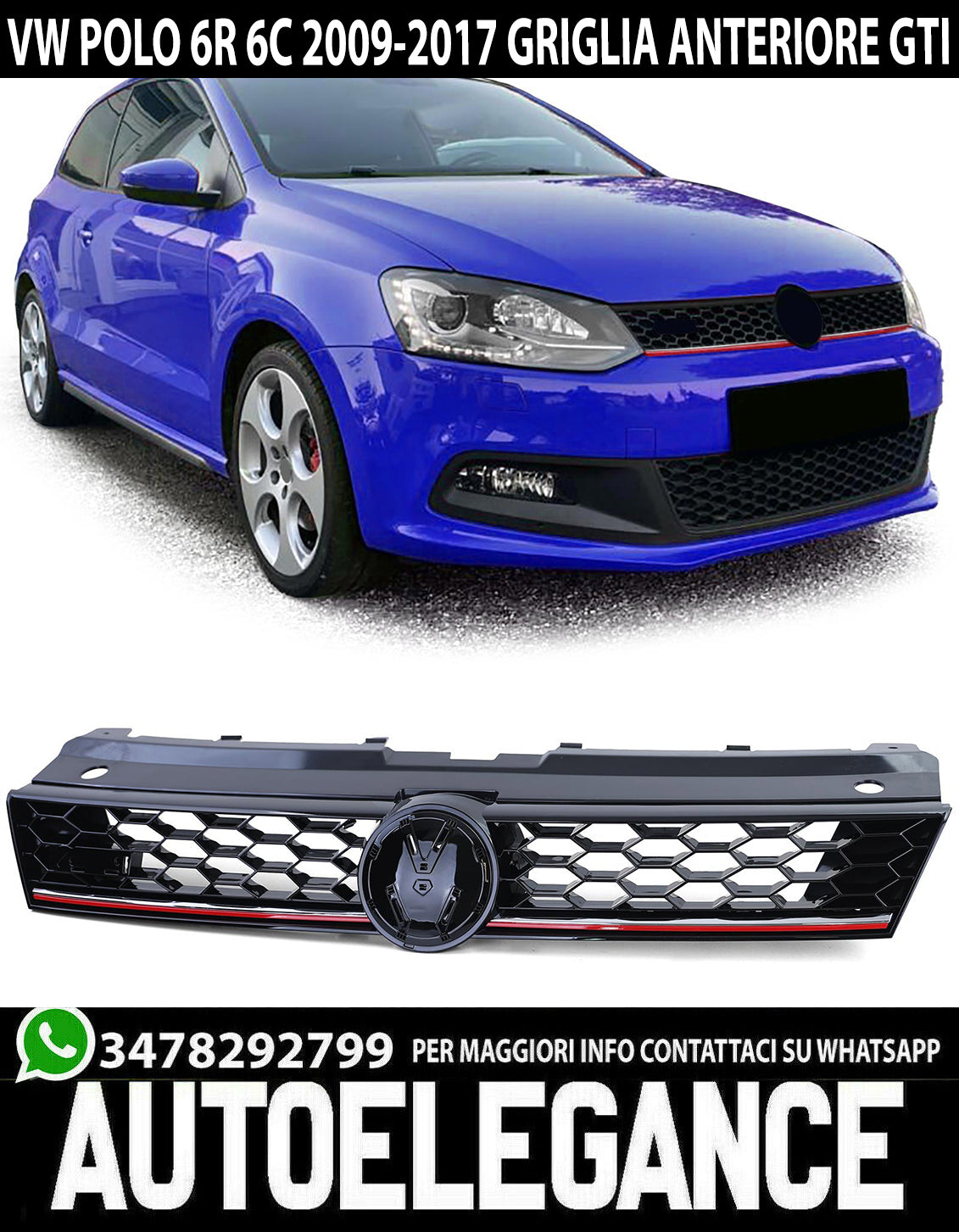GRIGLIA ANTERIORE VW POLO 6R 6C 2009-2017 CALANDRA DESIGN GTI ROSSO / CROMATO