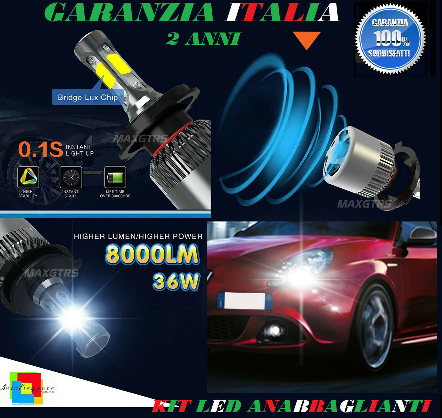 LAMPADE ANABBAGLIANTI 36W LED ALFA ROMEO GIULIETTA LAMPEGGIO ISTANTANEO 6000K