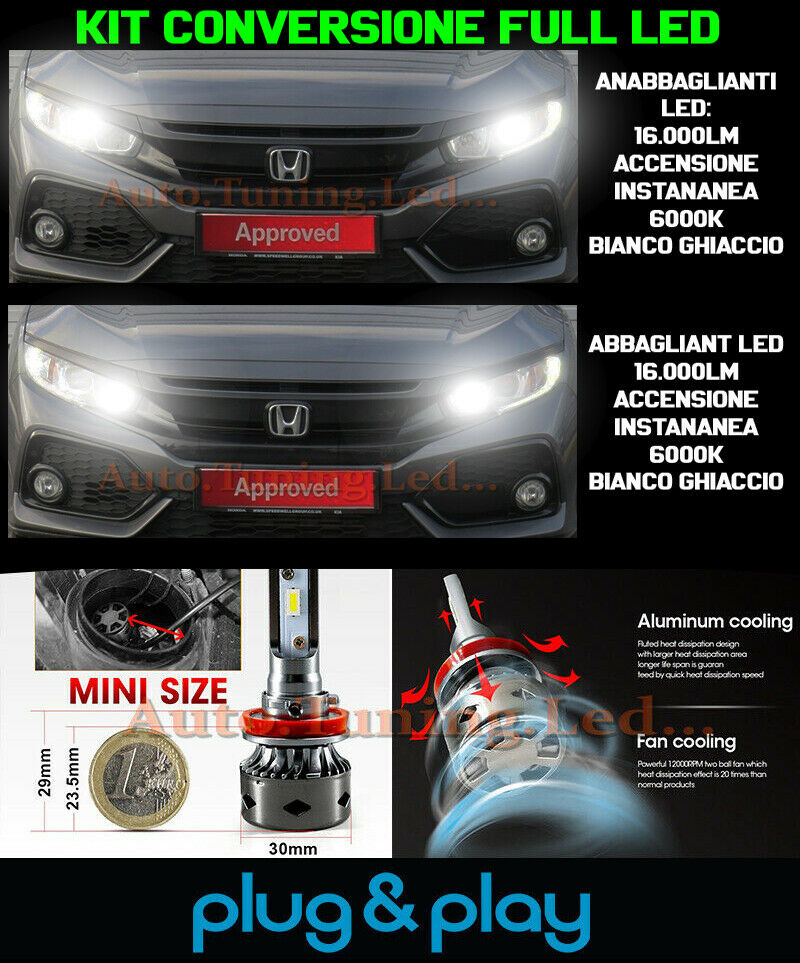 LAMPADE ANABBAGLIANTI + ABBAGLIANTI LED 16.000LM PER HONDA CIVIC X