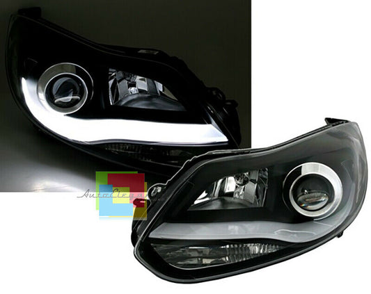FORD FOCUS III 2010-2014 PAIR OF BLACK HEADLIGHTS - DRL LED LENTICULAR DAYTIME LIGHTS