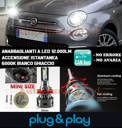 LAMPADE ANABBAGLIANTI LED FIAT 500 RESTYLING ISTANTANEO NO AVARIA 12.000LM