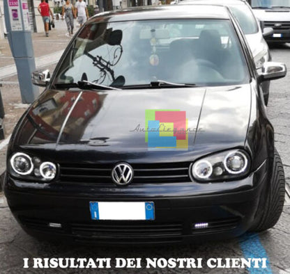 VW GOLF 4 IV DAL 1997 AL 2003 FARI ANTERIORI NERI CON ANGEL EYES BIANCHI A LED -