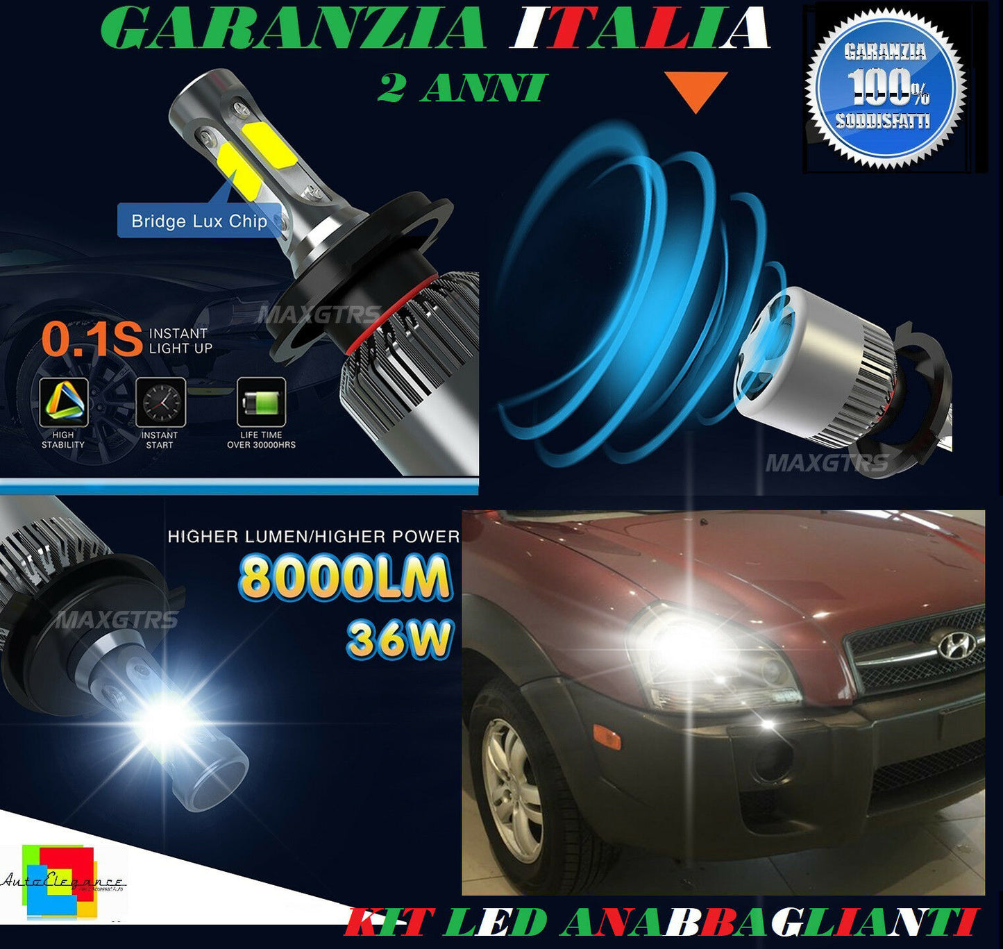 LAMPADE ANABBAGLIANTI ABBAGLIANTI 36W 8000LM LED HYUNDAI TUCSON 2004-2010 6000K