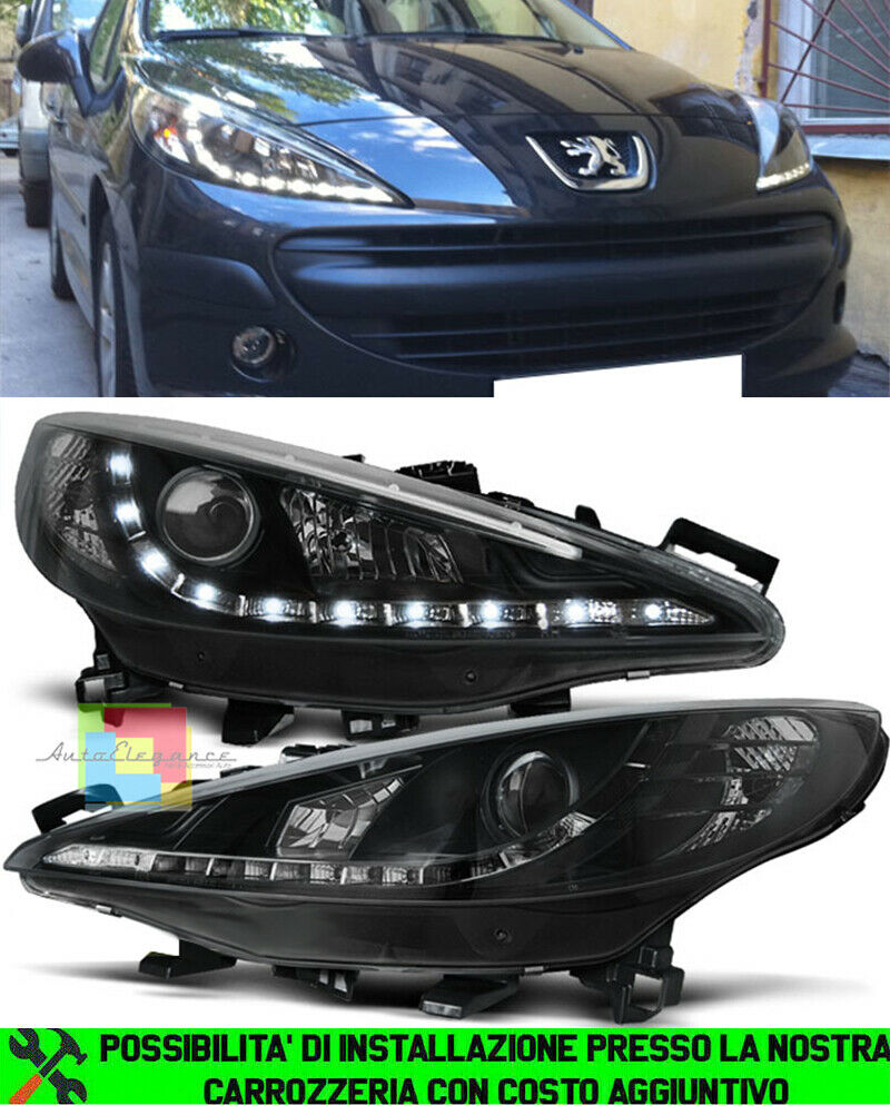 PEUGEOT 207 2006-2012 FARI ANTERIORI NERI LENTICOLARI POSIZIONI LED DRL