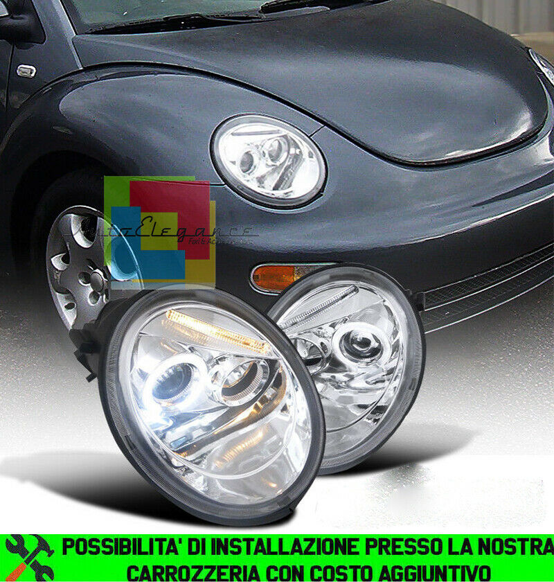 FARI ANTERIORI CROMATI LENTICOLARI PER VW NEW BEETLE 1998-2005 ANGEL EYES LED