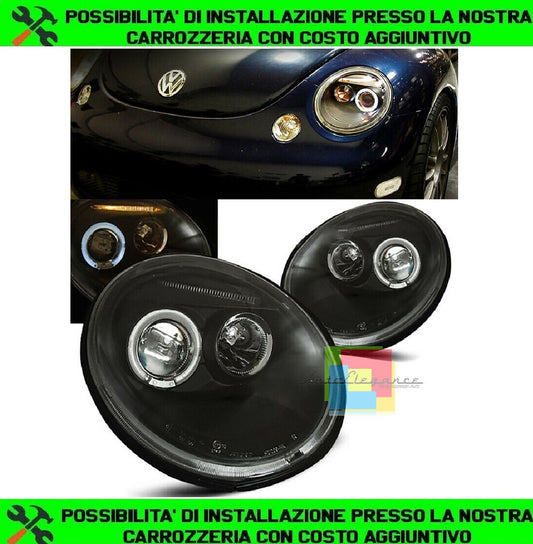 FARI ANTERIORI NERI LENTICOLARI PER VW NEW BEETLE 1998-2005 ANGEL EYES LED