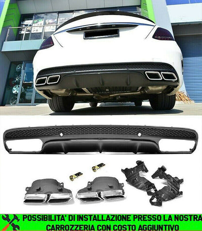 SOTTO PARAURTI MERCEDES C W205 SW205 DIFFUSORE POSTERIORE NERO AMG + TERMINALI