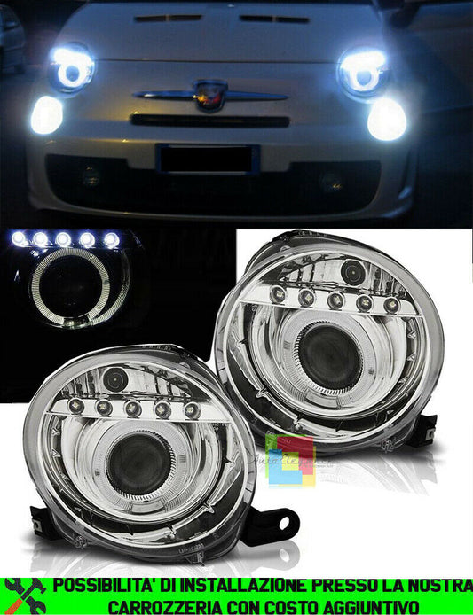 FARI ANTERIORI CROMATI LENTICOLARI H1 PER FIAT 500 DAL 2007+ ANGEL EYES LED