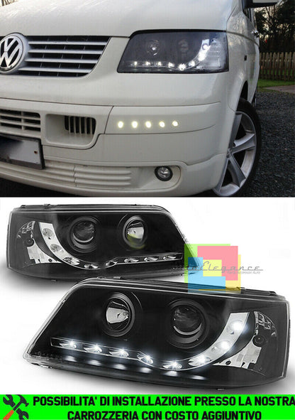 VW T5 TRANSPORTER 2003-2009 LENS HEADLIGHTS BLACK LED POSITION LIGHTS H1 / H1