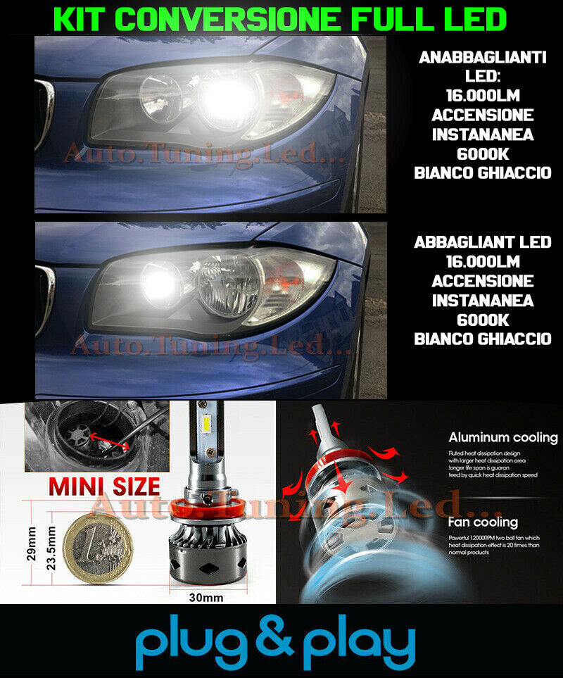 BMW SERIE 1 E87 E81 2004-2011 KIT LED LAMPADE ABBAGLIANTI + ANABBAGLIANTI 16.000 AUTOELEGANCERICAMBI