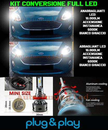 LAMPADE ANABBAGLIANTI + ABBAGLIANTI LED 16.000LM PER FORD FIESTA MK7 NO AVARIA