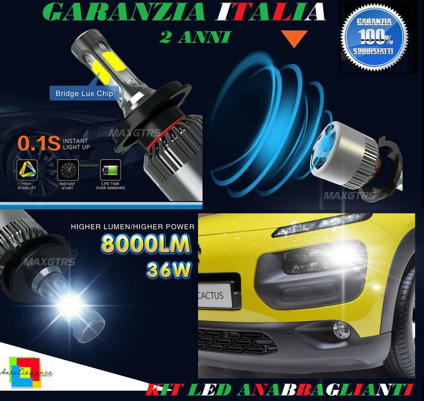 LAMPADE ANABBAGLIANTI 36W LED CITROEN C4 CACTUS 2014 IN POI ISTANTANEO 6000K