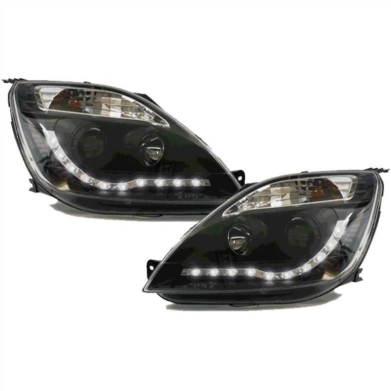 FORD FIESTA MK6 2002-2005 DRL LED POSITION HEADLIGHTS BLACK LENTICULAR HEADLIGHTS