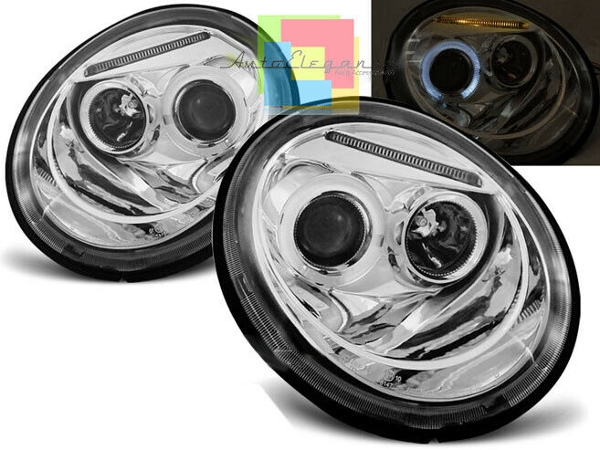 FARI ANTERIORI CROMATI LENTICOLARI PER VW NEW BEETLE 1998-2005 ANGEL EYES LED