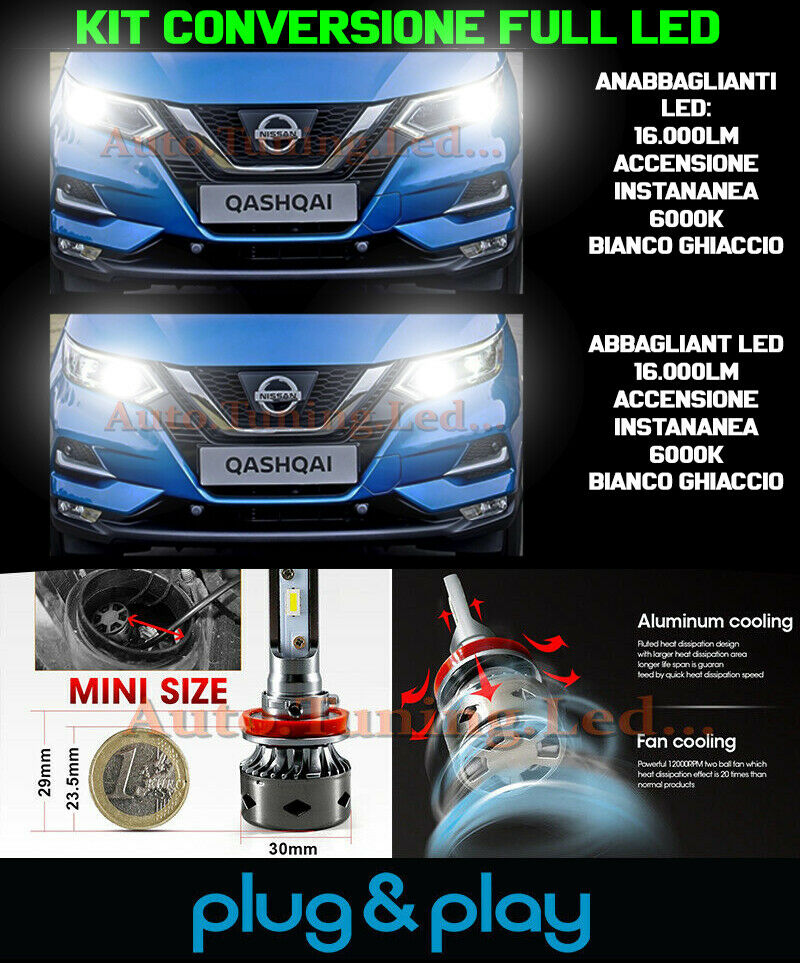 LAMPADE ANABBAGLIANTI + ABBAGLIANTI LED 16.000LM NISSAN QASHQAI J11 RESTYLING