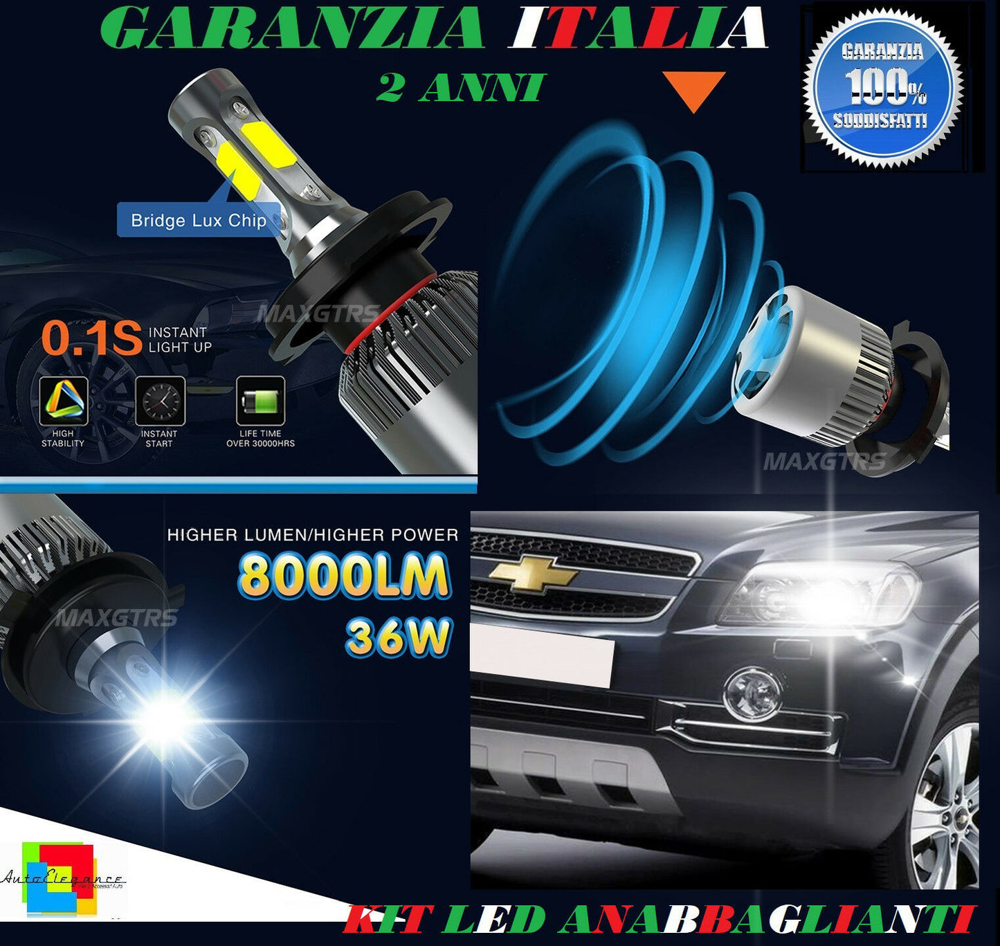 LAMPADE ANABBAGLIANTI 36W LED CHEVROLET CAPTIVA 2006 IN POI ISTANTANEO 6000K