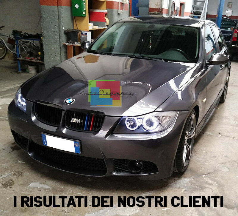 BMW SERIE 3 E90 E91 2005 - 2011 FARI NERI CON ANELLI ANGEL EYES LED BIANCHI AUTOELEGANCERICAMBI