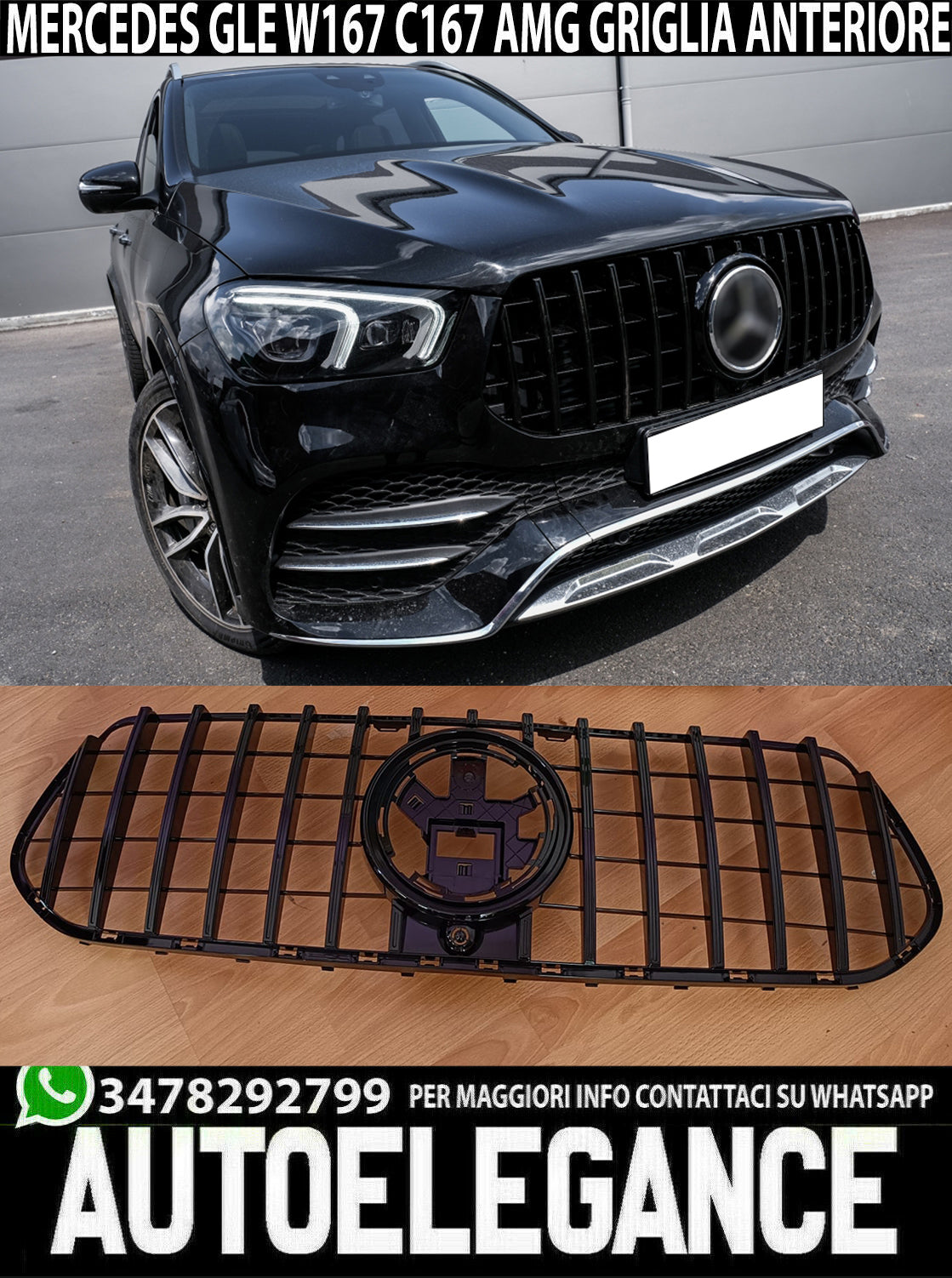GRIGLIA ANTERIORE MERCEDES GLE W167 C167 2019+ MASCHERINA NERO LUCIDO 0289