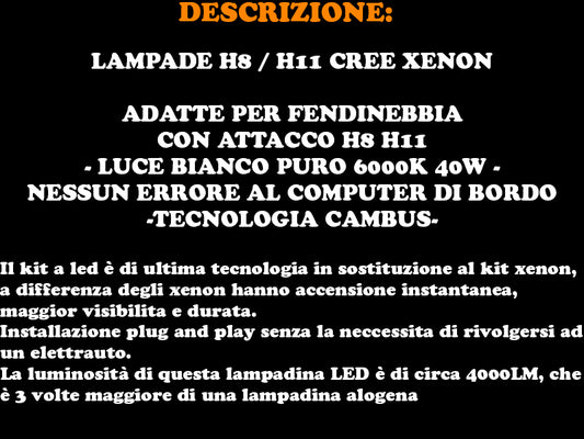 LAMPADE ATTACCO H8 / H11 CREE LED FENDINEBBIA 6000K BIANCO ACCENSIONE RAPIDA