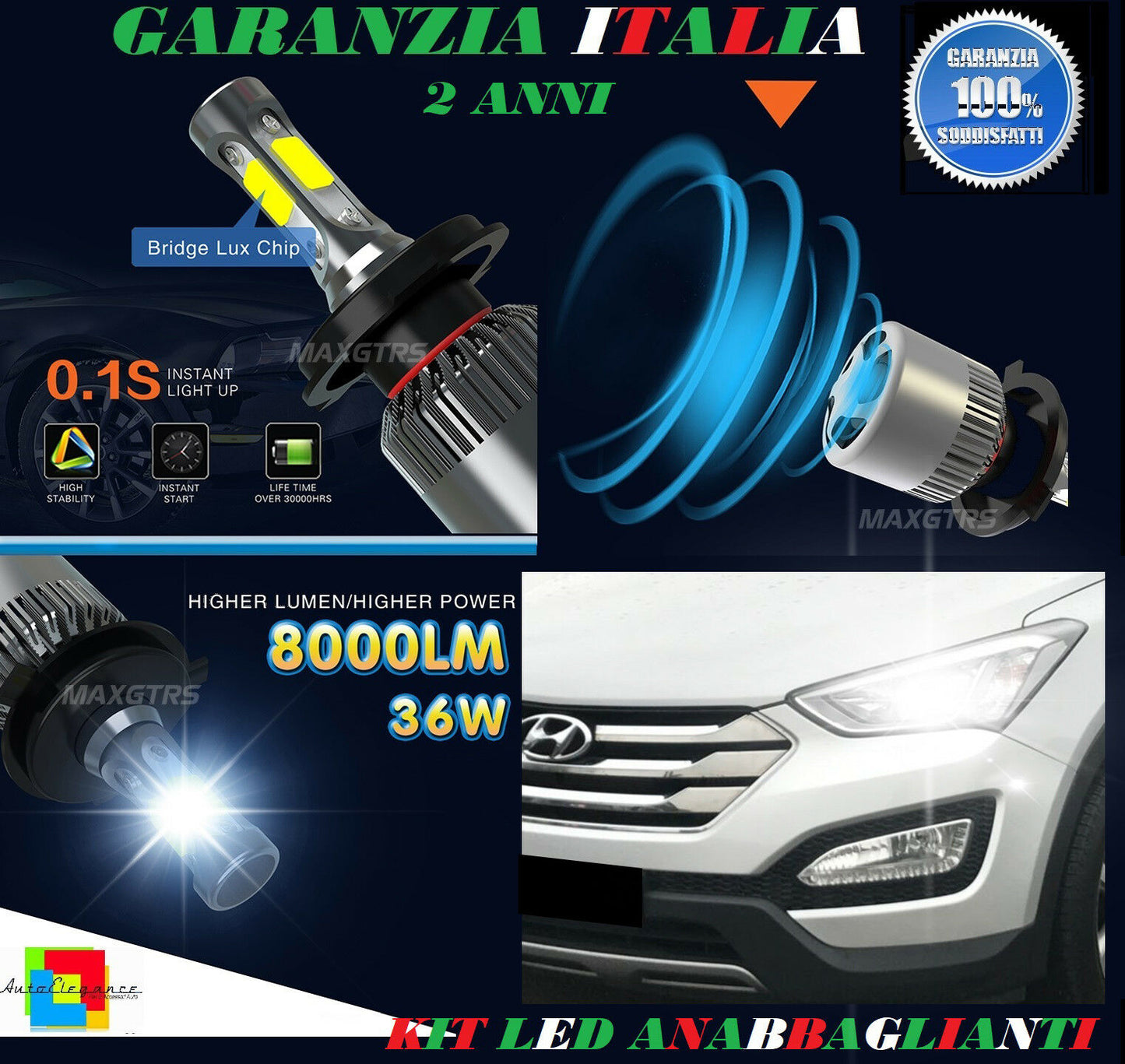 LAMPADE ANABBAGLIANTI 36W LED HYUNDAI SANTA FE 2012 IN POI ISTANTANEO 6000K