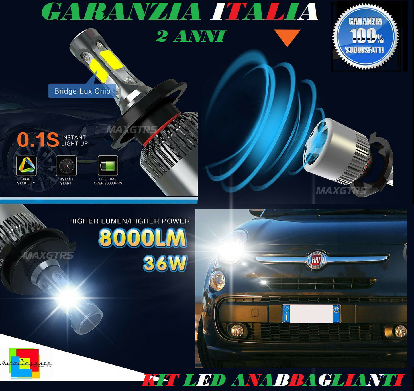 LOW BEAM BULB 36W LED FIAT 500L 2012 ONWARDS INSTANTANEOUS 6000K