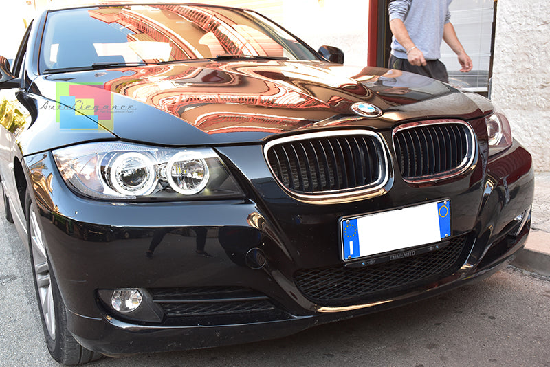 BMW SERIE 3 E90 E91 2005 - 2011 FARI NERI CON ANELLI ANGEL EYES LED BIANCHI AUTOELEGANCERICAMBI
