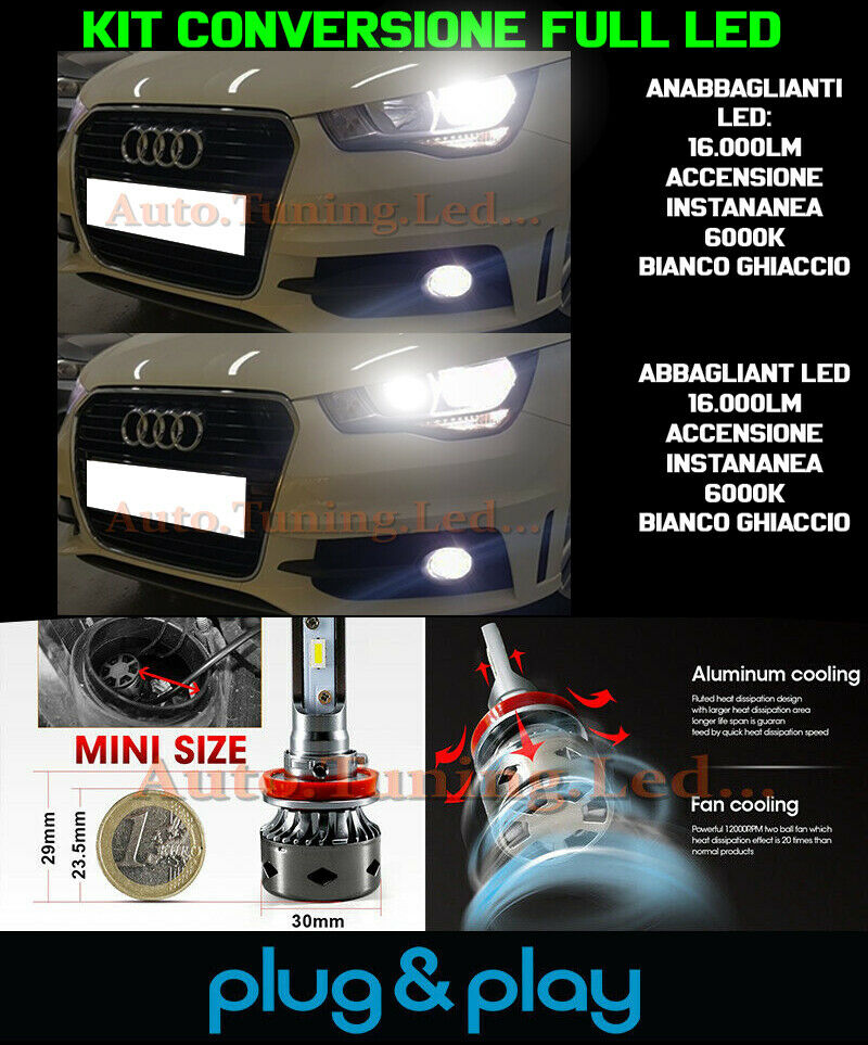 LAMPADE ANABBAGLIANTI + ABBAGLIANTI LED 16.000LM PER AUDI A1 2010-2014 NO AVARIA