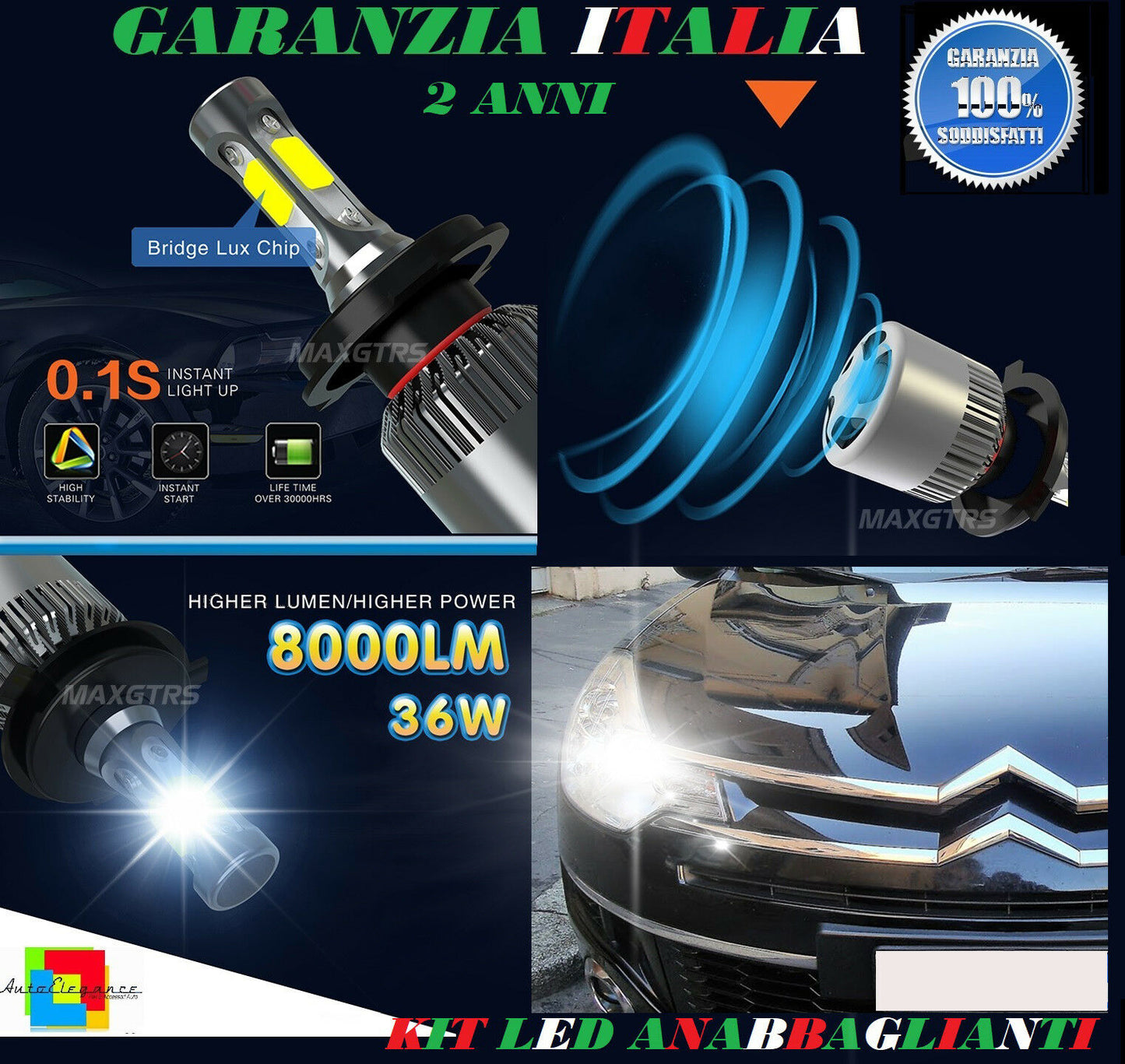 LAMPADE ANABBAGLIANTI 36W LED CITROEN C-CROSSER 2007+ ISTANTANEO 6000K