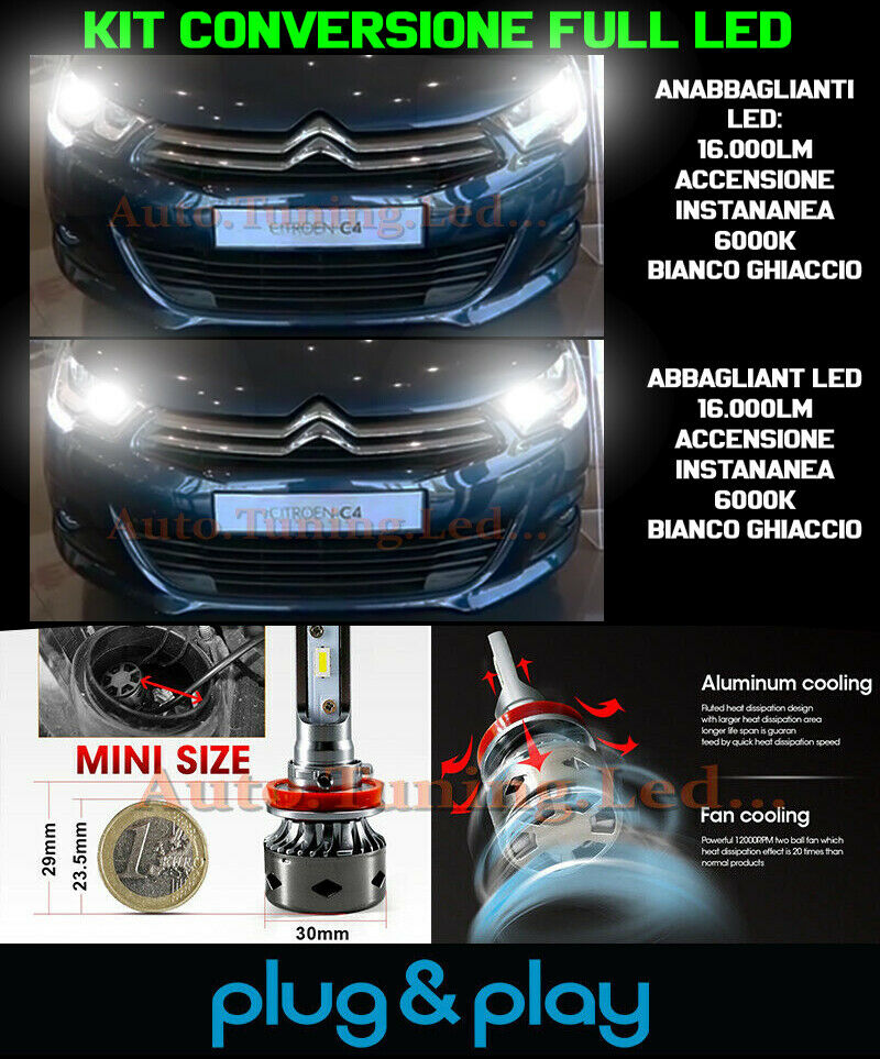 LAMPADE ANABBAGLIANTI + ABBAGLIANTI LED 16.000LM PER CITROEN C4 MK2 RESTYLING
