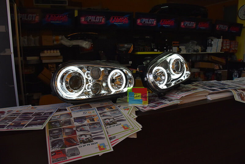 VW GOLF 4 1997-2003 FARI ANTERIORI CROMATI CON ANGEL EYES BIANCHI